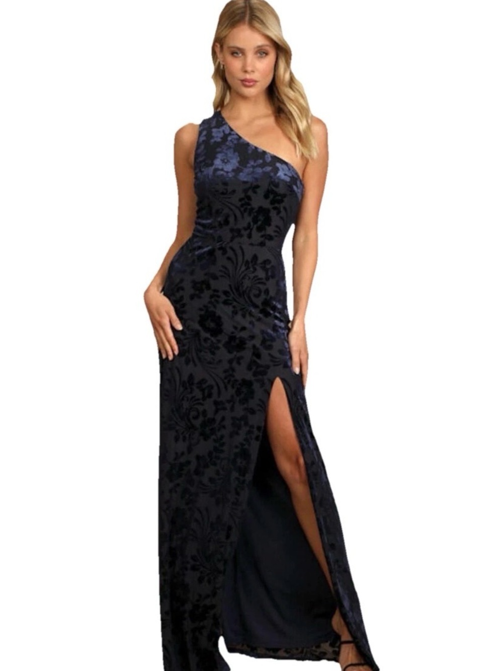 Lulu’s Elegant One-Shoulder Navy Gown